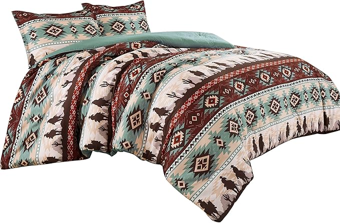 Chezmoi Collection Audun 3-Piece Southwestern Cowboys Aztec Comforter Set - Multicolor Teal Brown Beige Tan Red Printed Washed Microfiber Bedding, Full Size