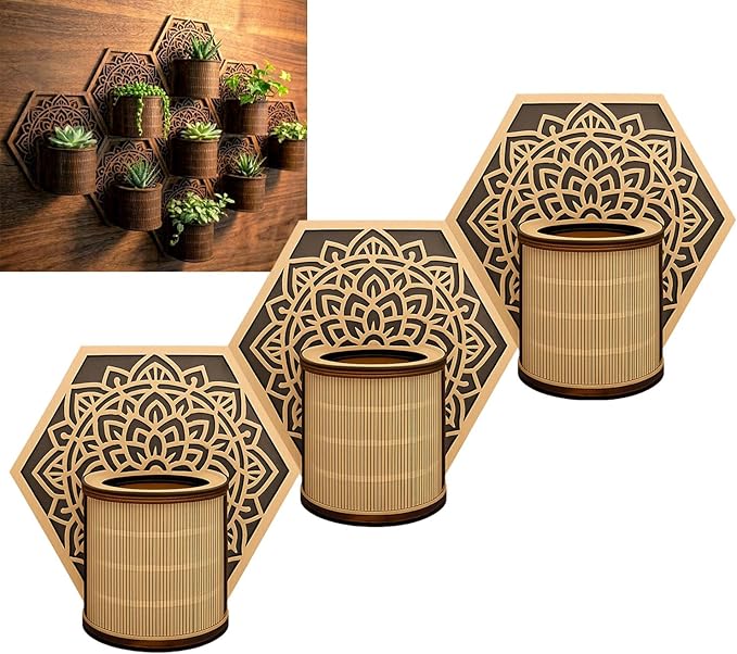 Mandala Style Hexagonal Wall Planter Set - 3D Laser-Cut Wood Vertical Garden for Succulents and Herbs - Unique Geometric Wall Decor for Indoor Plants (3pc)