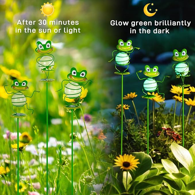 Frog Garden Stakes, 25" H Noctilucent Decorative Garden Stakes, 3 Pcs Glowing Metal Yard Art for Outdoor Spring Lawn Patio Pathway Decor