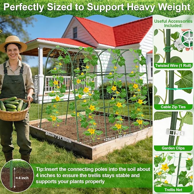 Cludoo Cucumber Trellis for Raised Bed Garden, U-Shape Arch Trellis for Climbing Plants Outdoor, Metal Vegetables Trellis with Netting, Garden Trellis for Cucumber Plants Sweet Pea Bean Grape