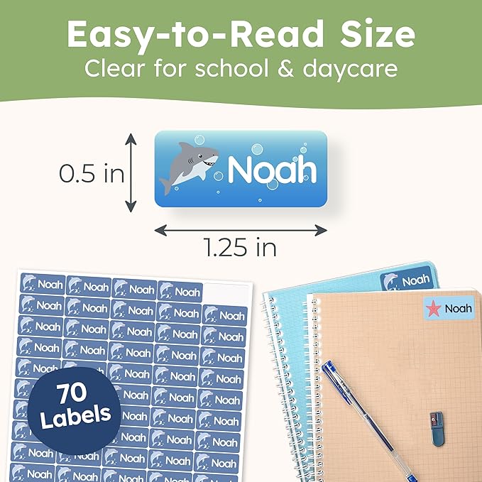 Personalized Name Labels for Kids (70 Labels) - Durable & Waterproof Custom Name Stickers for Clothing Tags, School Supplies, Camp & Daycare - Playful Sea (1.2”x0.5”)