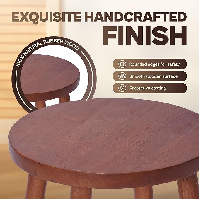 Wooden Stool Small Round, Solid Rubberwood Plant Stand Indoor, 11.8" Mini Wood Side Table for Living Room Bedroom Bathroom, Rustic Farmhouse Decorative Stool (Walnut Color)