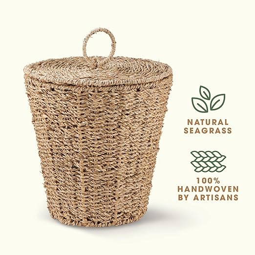 84ECO 3 Gallons Seagrass Waste Basket with Lid and Liner - Wicker Trash Can