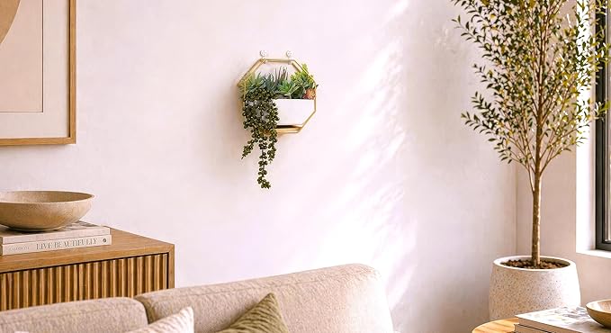 IRYL Wall Planter for Indoor Plants - Ceramic Wall Hanging Planter Set with Bamboo Tray & Hooks - Decorative Wall Plant Holder - Modern Wall Planters for Vertical Garden Home Decor - Golden