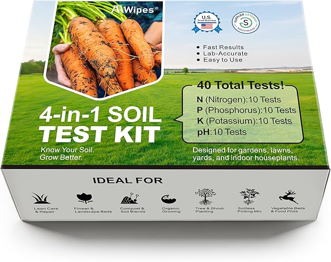 AAwipes Soil Test Kit for 4-in-1 pH, Nitrogen(N), Phosphorus(P), Potassium(K) Levels – 40 Tests for Garden, Lawn, Yard & Plant Care – Reliable Nutrient Tester with Sampling Accessories
