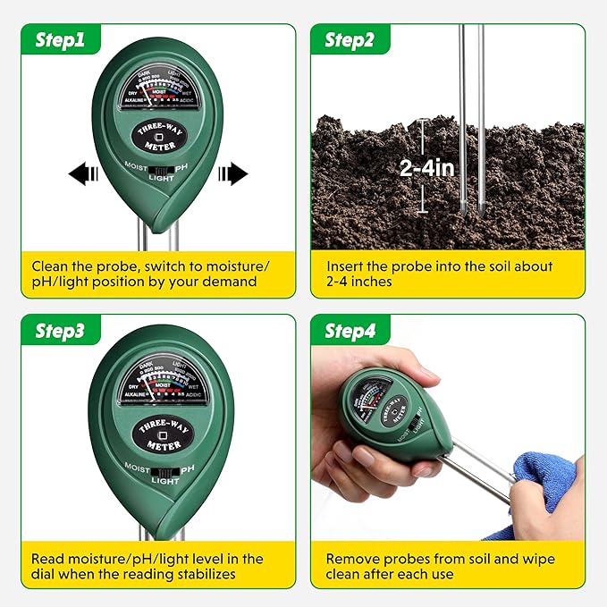 iPower Soil Meter, 3-in-1 Plant Moisture Light PH Tester for Gardening, Farming, Indoor & Outdoor Use, 2 Pack