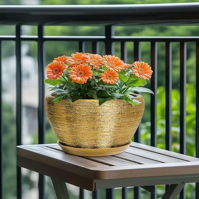 Ceramicfor Ceramic Planter 11 Inch - Indoor Plant Pot with Drainage Hole and Saucer Large Planter for Outdoor Plants Mid-Century Decorative Flower Pot for Home Decor Gold