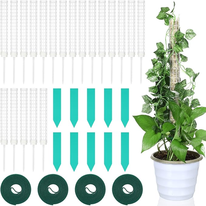 20 Pcs 15 Inch Plastic Moss Pole for Plants Monstera Moss Totem Pole Stick Plastic Monstera Plant Support 10 Pcs Plant Labels 4 Pcs 6.56 Ft Green Plant Ties Gardening Tape for Climbing Plants Creepers