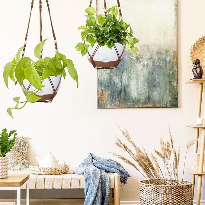 Koalaime 2 Pack Hanging Planters Set,10 Inch Indoor Outdoor Hanging Plant Pot Basket,Hanging Flower Pot with Drainage Hole with 3 Hooks for Garden Home(Caramel Hanger White Planters)