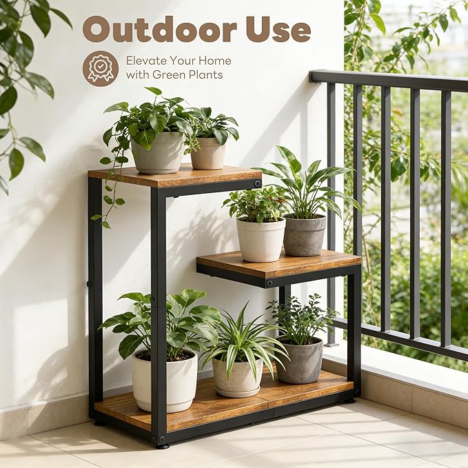 3 Tier Plant Stand Indoor, Thickened Metal Wood Corner Plant Shelf Stands for Multiple Plants, Indoor Tall Plants Stand Tiered Flower Holder for Living Room Patio Garden Balcony(Black+Brown)