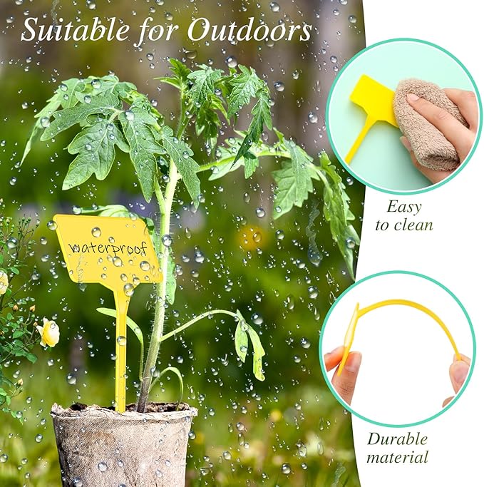 Marsui 202 Pcs Large Plant Labels Kit, Include 100 Outdoor Plastic Plant T Type Tags Waterproof Reusable Plant Markers Stakes, 100 PET Films and 2 Marker Pens for Herbs Pot (Yellow,6 Inch)