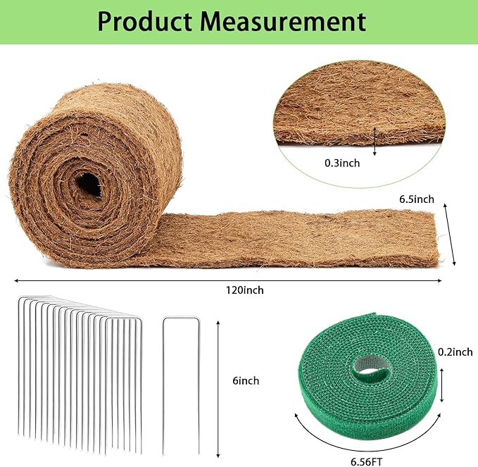 Thick Mulch Roll for Landscaping,120.1" x 6.5" Coconut Fiber Liner Mulch Mat with 16PCS U-Shaped Steel Stakes and Plant Ties Tape,Natural Coco Liner Pad Garden Edging Border Lawns Weed Barrier