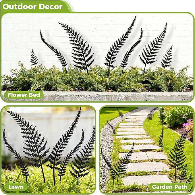 KODIBO 7-Pack Garden Stakes, Black Metal Fern Leaf for Indoor & Outdoor Potted Plants, Metal Flowers for Outside, Decorative Outdoor Statues, Minimalist Garden Decorations Yard Ornaments Spring Decor