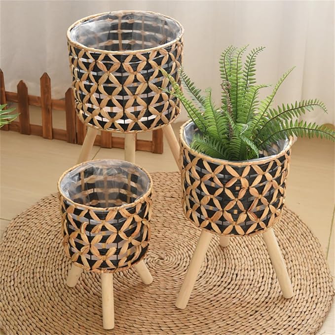 Woven Planter Baskets with Plastics Lining and 3 Wooden Legs, Wicker Planter Basket,Boho-Plant Pot with Stand,Plant Baskets Indoor with Liner for Plant, Flowers, Toy, Country Farmhouse