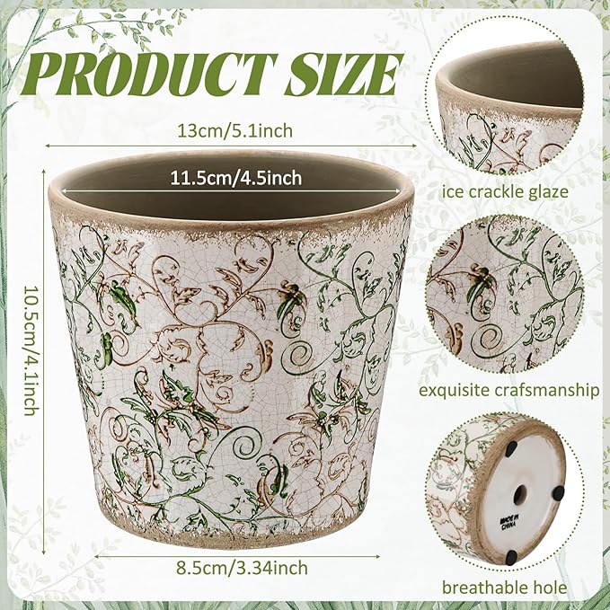 Beeveer Farmhouse Ceramic Planter 5.5 Inch Large Plants Pot Ice Crack Beige Green Floral Vines Plant Pots with Drainage Hole Indoor Plants Kitchen Rustic Antique Decor Gift