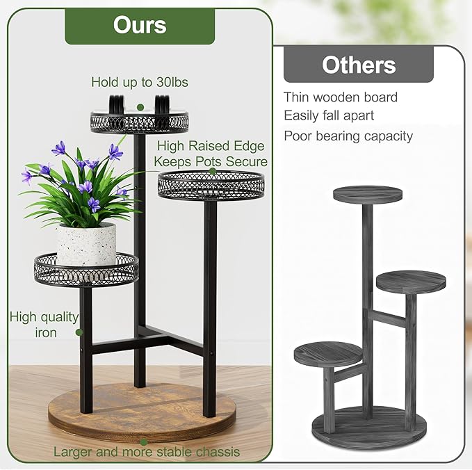 Black Stand Plants, 3-Tier Metal Plant Stands for Outdoor Indoor Plants,Heavy Duty Flower Pot Stands for Multiple Plants,Decoration Display Racks for Patio Garden -BlackFlower