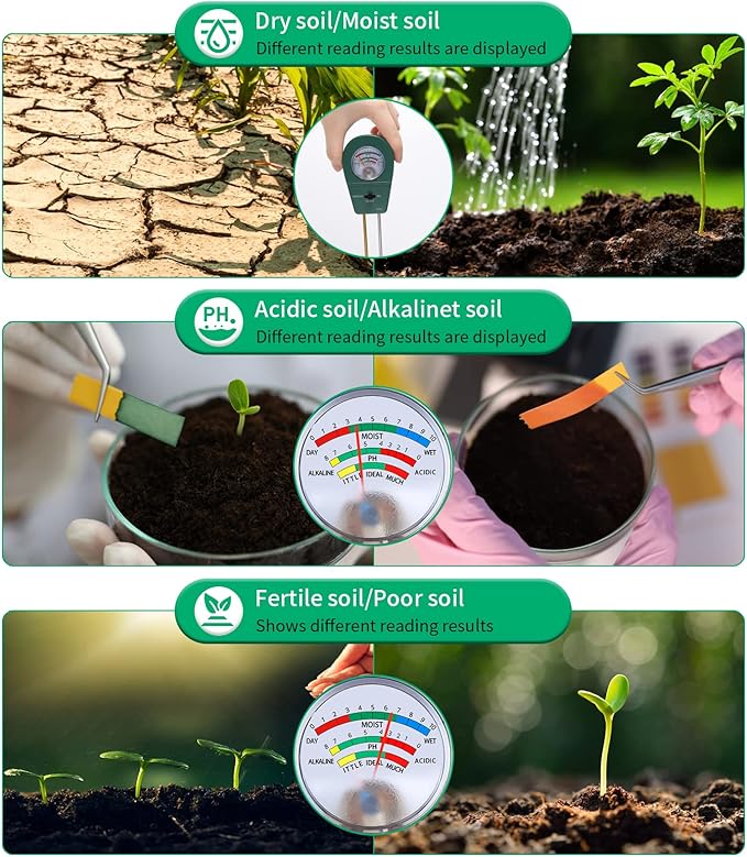 3 in 1 Soil Tester, Soil Fertility Test, Measure pH of Garden, Lawn Care, Potted, Horticultural Soil Moisture Meter Sensor, No Battery (Green)