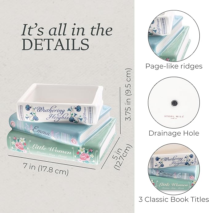 Steel Mill & Co Small Book-Shaped Decorative Ceramic Planter for Home Decor, Bookshelf, Classic Titles Bookstack, 5" x 7" x 3.75"