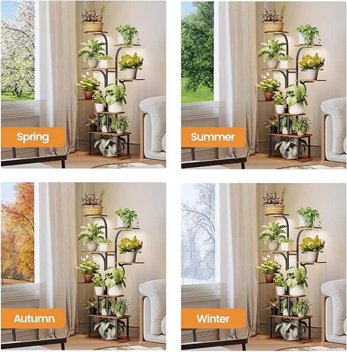 Tall Plant Stand with Grow Lights – 8 Tier 63" Metal and Wooden Indoor Flower Shelf Rack, Adjustable Large Corner Organizer for Living Room or Home Gardening Display