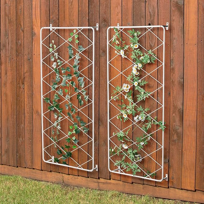 MyGift 50 by 24 Inch Wall Mounted Garden Trellis with White Metal Diamond Screen, Hanging Lattice Support Frame for Outdoor or Indoor Climbing Plant Vines, Set of 2 Panels