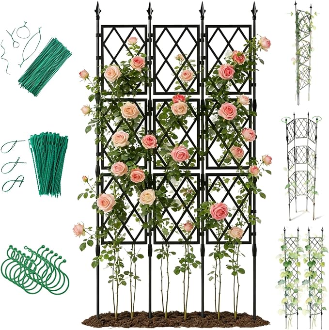 Garden Trellis for Climbing Plants Outdoor - 65" PE-Coated Metal Pipes & Plastic Grids Rose Wall Trellis Frame - Sturdy Privacy Screen Plant Support Fence for Flowers Vines Vegetables