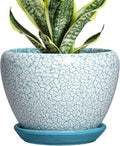 Ceramic Plant Pot - 6 Inch Indoor Planters for Succulent Plants, Round Decorative Flower Pot with Drainage Hole and Saucer, Small Plant Pots, Room Decor, Gifts for Gardeners, Crackle Blue