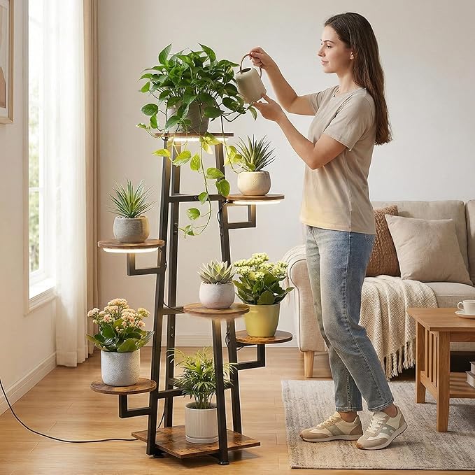 7 Tier Plant Stand Indoor with Grow Light , Tiered Plant Stands for Indoor Plants Multiple, Corner Flower Stand for Living Room, Multi-Layer Vintage Design Plant Shelf