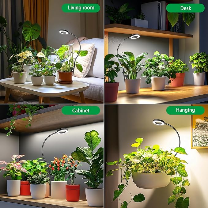Clip on Grow Light, 6000K Halo Plant Lights for Growing Small Plants, LED Full Spectrum Grow Lamp with 6/12/16H Timer, 5 Dimmable, 3 Modes, 2 Installation Options Clip or Plug