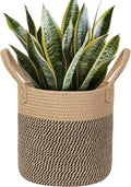 Round Wicker Basket with Handle, 11" Woven Jute Plant Basket for 10" Pot, Indoor Boho Tree Planter, Decorative Flower Pot Cover, Rustic Holder for Plants, Shoe Bin for Entryway, Black Stripes