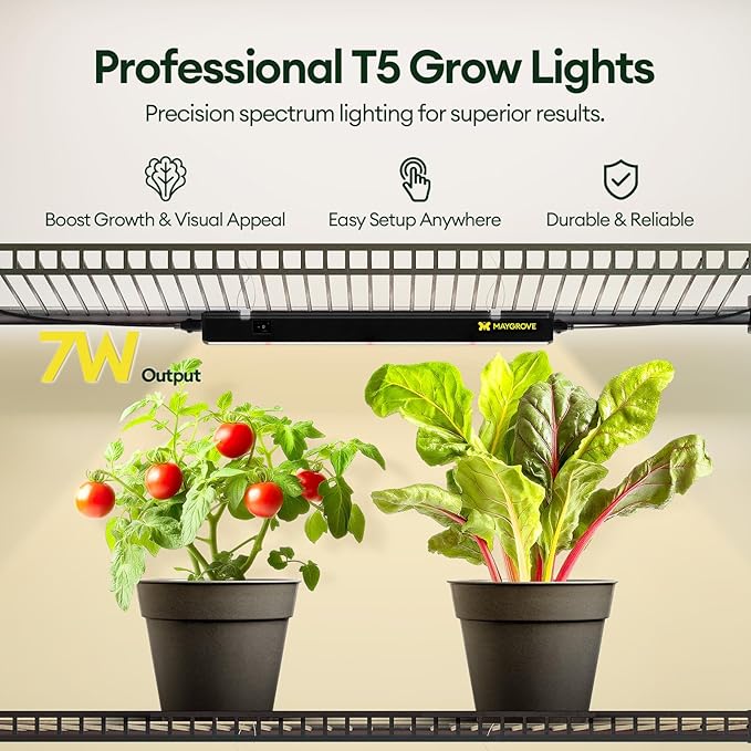 Maygrove T5 Grow Lights for Indoor Plants 1FT, Red-Enhanced Full Spectrum 5000K Grow Light, 28W(4 x 7W), Grow Light Strips for Seed Starting, Greenhouse, High PPFD, Linkable, Black, 4-Pack