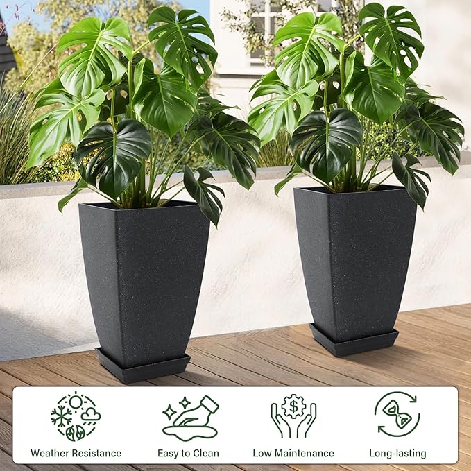 Neoaider Set of 2 Tall Planter, 21 inch Large Plastic Planter with Drain Hole & Saucers, Large Outdoor Planters for Porch, Garden, Patio, Balcony(Cement Gray)