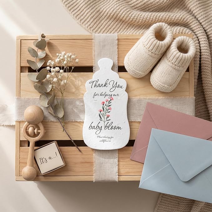 15pcs Pink Baby Bottle-Shaped Gift Tags with Wildflower Seeds - Writable Gift Wrap Tags for Baby Showers, Mother's Day Present, Party Favors, DIY Crafts, & Earth Day Decorations