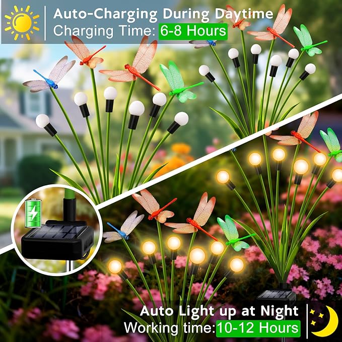 2 Pack Dragonfly Decorative Garden Stakes, 8Pcs 3D Dragonfly Decorations with Solar Firefly Lights Realistic Waterproof Dragonflies Solar Lights Outdoor for Yard Art Patio Plant Pot Flower Bed Lawn