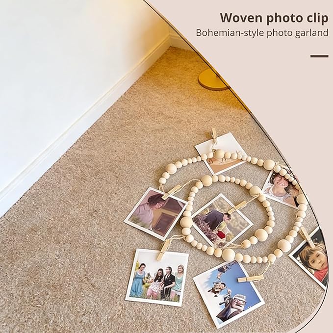 Macrame Photo Wall Hanging Clip Photo Holders Boho Style Photo Garland with Clips & Photo Mobile, 7 Feet Wooden Bead Hanging Photo Display for Dorms, Classrooms, Bedrooms, Birthday Party Decor
