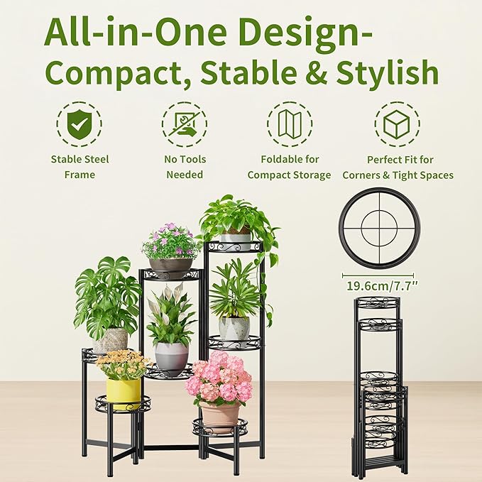 Metal Plant Stand Indoor Outdoor 7 Tier Multiple Flower Pot Holder Shelf Planter Display Shelving Unit for Patio Garden Corner Balcony Living Room Black Circle