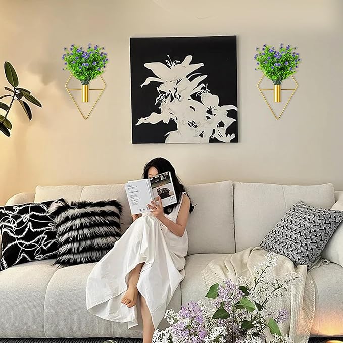 2 Pack Wall Decor Hanging Planters with Artificial Plants Metal Hanging Vase Indoor Plants Holder Modern Boho Wall Art for Bathroom Bedroom Living Room Office (Gold Eucalyptus)