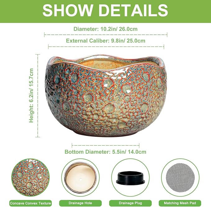 10 Inch Plant Pot - Ceramic Planter with Drainage Hole and Plug, Unique Round Planters for Indoor Outdoor Plants, Decorative Planters, Home Decor, Gardening Gifts for Women, Speckled-Brown