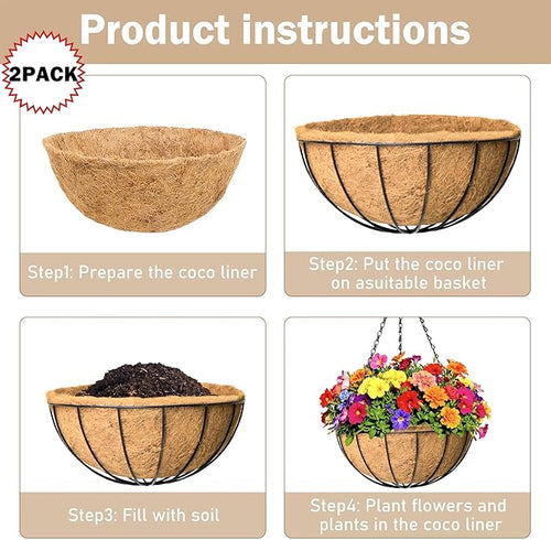 2 Pack 12 inch Hanging Baskets Planter for Plants Vegetables Flowers Outdoor Black Round Wire Plant Holder with Coco Fiber Liners Garden Balcony Patio Deck Porch Indoor Hanging Baskets