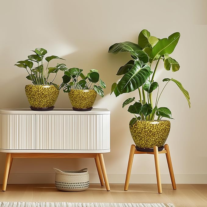 8 Inch Flower Pot - Ceramic Planters for Indoor Outdoor Plants, Round Plant Pot with Drainage Hole and Saucer, Decorative Indoor Planter, Bathroom Decor, House Warming Gifts, Yellow Leopard