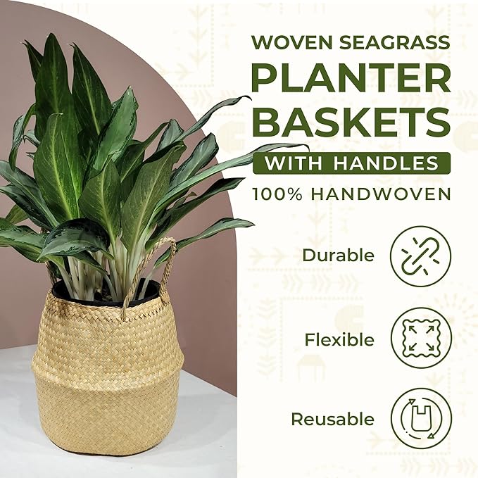 Seagrass Plant Basket Set of 3 with Handles – Handwoven Woven Basket Planter, Indoor Plant Basket & Plant Holder Basket, Natural Fiber Wicker Plant Pot Basket for Boho Farmhouse Home Decor