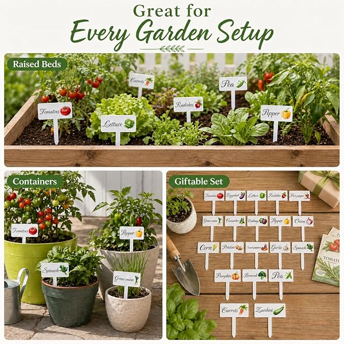 20Pcs Garden Signs for Vegetables, 20 Styles Waterproof Reusable Plant Label Signs, Fruit Plant Stakes Tags with Names for Indoor Outdoor Garden Decoration
