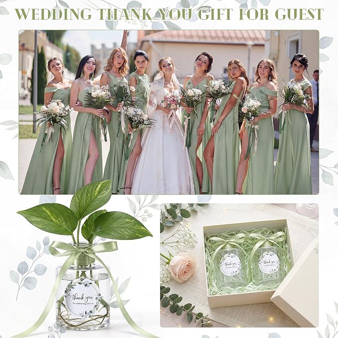 30 Set 4.33'' Plastic Plant Propagation Stations Gifts Bulk 4oz Plant Propagation Jars Planter Vase with Thank You Tags and Ribbons for Guests Wedding Bridal Shower(Green Leaves)