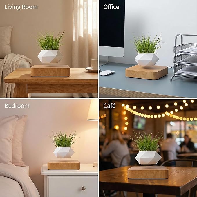 Levitating Plant Pot, Magnetic Floating Planter Levitating Plant 360° Auto Rotating Display for Bonsai, Air Plants Mini Flowers Cool Floating Desk Decor for Office, Living Room (Light Brown)