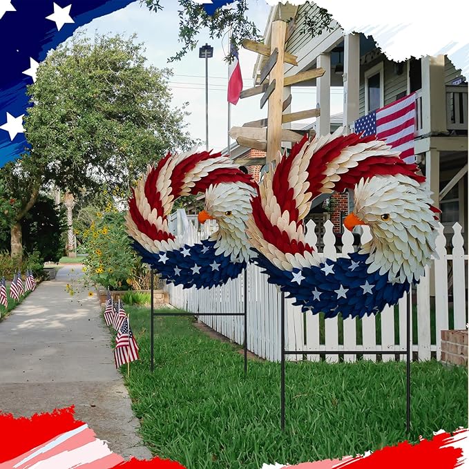 Amyhill 2 Pcs 4th of July Outdoor Decor Patriotic Eagle Metal Garden Stakes Welcome Yard Signs Red White Blue Garden Stakes for 250th Anniversary Independence Memorial Day Patio Lawn Walkway Outside