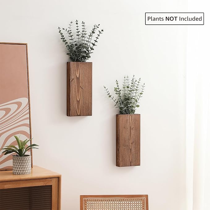 Wood Wall Planter Set of 2, Wood Wall Pocket for Greenery and Dried Flowers, Indoor Hanging Vase, Modern Farmhouse Wall Decor for Living Room Bedroom Office Eucalyptus Stems Decorations (Walnut)