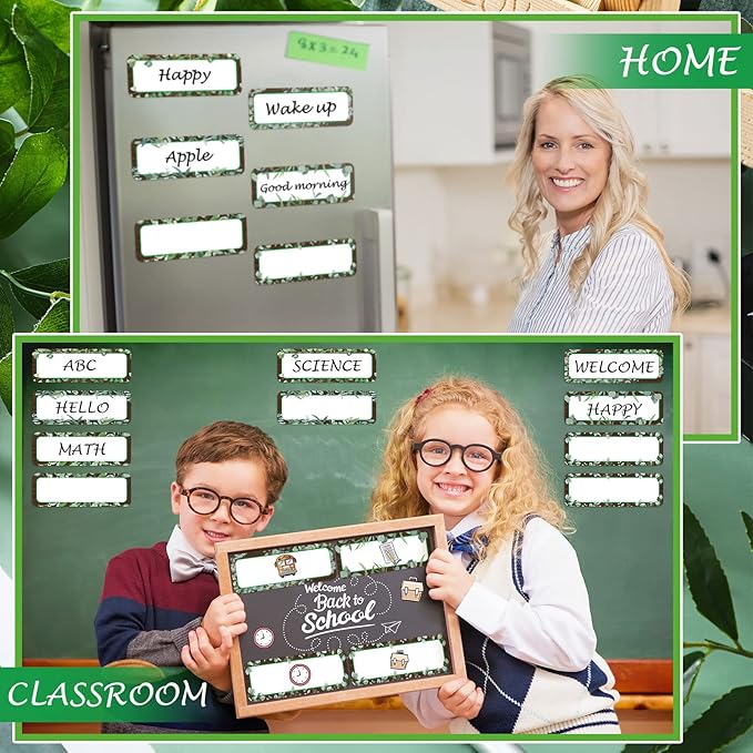 Kanayu 48 Pcs Eucalyptus Magnetic Dry Erase Labels Reusable Name Tag Plate Flexible Magnetic Label Sticker Blank Writable Card for Whiteboard Classroom Home Office Fridge(Stylish,1.18 x 3.15 Inch)