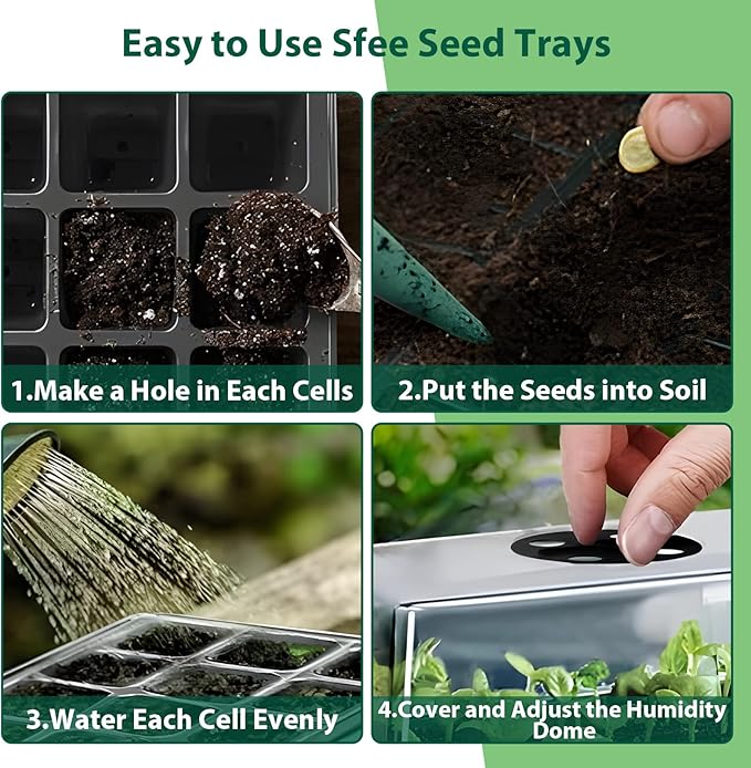 Sfee 5 Pack Seed Starter Tray Kit, 60 Cells Seedling Starter Trays with Humidity Dome and Base Greenhouse Growing Trays, Reusable Seed Germination Seedling Tray with Garden Tools Labels (Black)