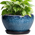 Ceramicfor Ceramic Pots for Plants - 9 Inch Plant Pot Indoor with Drainage Hole and Saucer, Ceramic Planters for Outdoor Plants, Round Modern Flower Pot, Housewarming Gifts, Home Decor, Blue