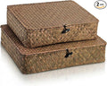 Elsjoy 2 Pack Flat Seagrass Storage Bins with Lid, Wicker Woven Storage Basket Set, Rattan Organizer Bins for Shelf, Closet, Bedroom