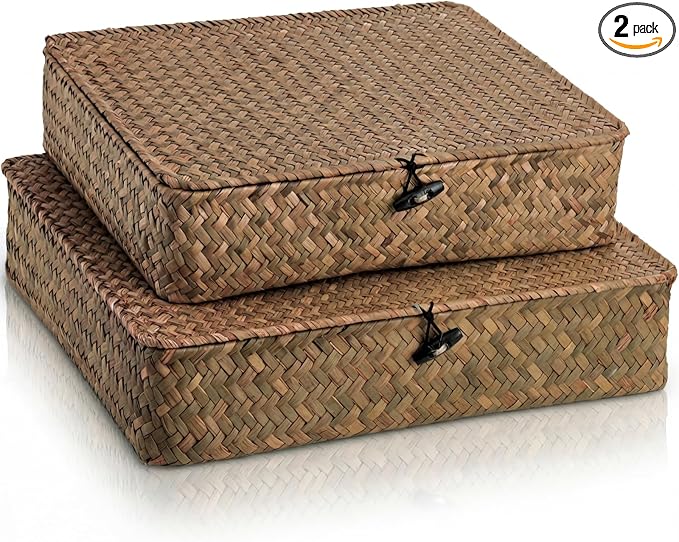 Elsjoy 2 Pack Flat Seagrass Storage Bins with Lid, Wicker Woven Storage Basket Set, Rattan Organizer Bins for Shelf, Closet, Bedroom